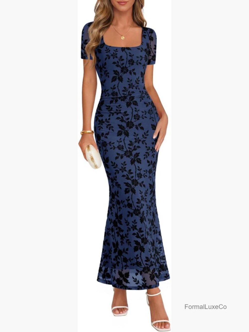 Women's Square Neck Short Sleeve Bodycon Maxi Dress Floral Mesh Cocktail